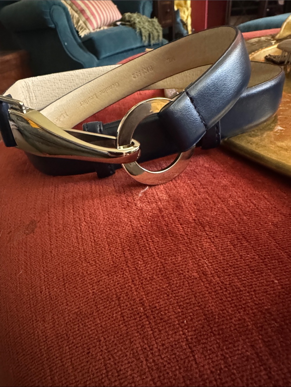 Source Unknown Navy Leather Belt with Silver Ring Buckle